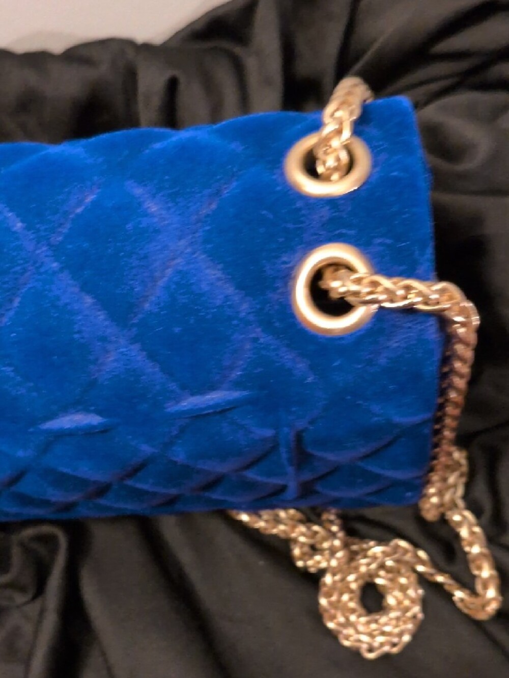 Windsor Quilted Velvet Crossbody in Royal Blue with Gold Chain - Picture 9 of 13
